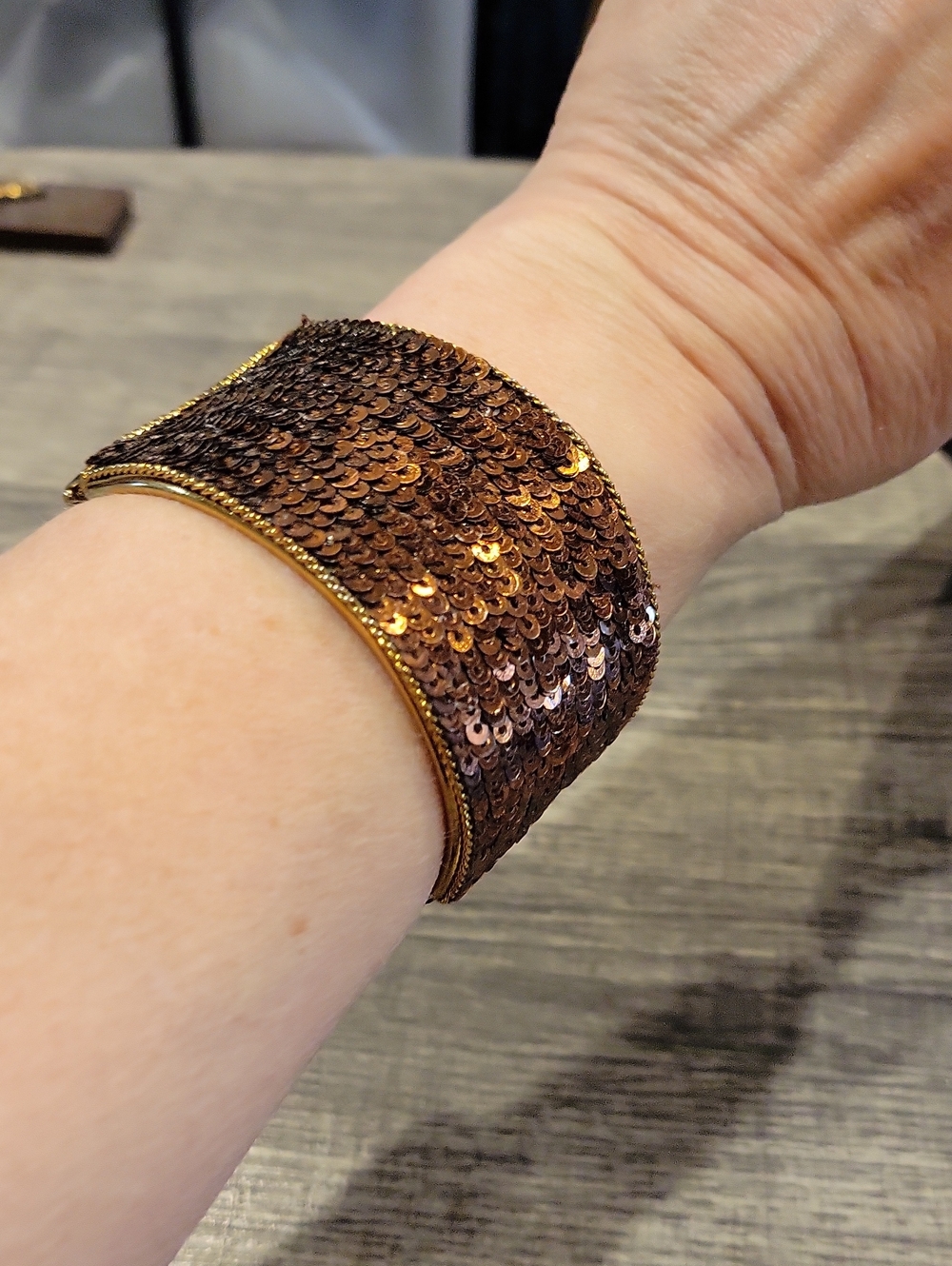 5 For 25.00/Sequin Cuff Bracelet,NWOT/ Bronze,Metallic,Spring-opens